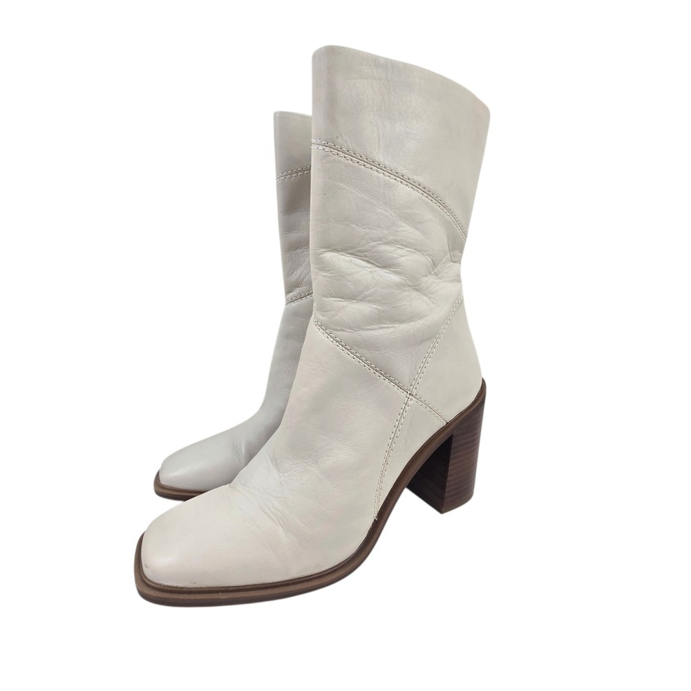 Franco Sarto Stormy Mid Calf Smooth Leather Boot Putty Ivory 7.5 Square Toe